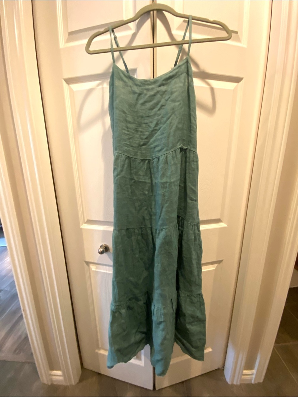 Bellumbra Teal Linen  Spaghetti-Strap Tiered Maxi Dress